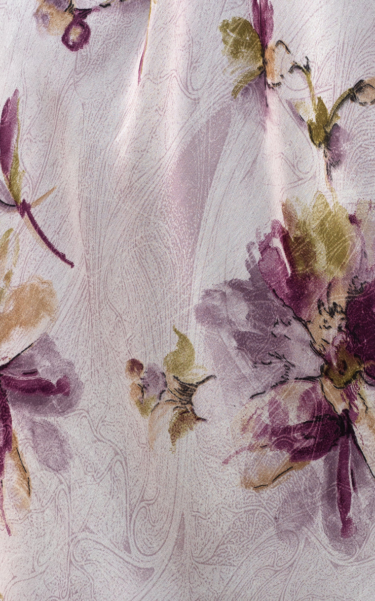 Details of printed chiffon hijab with purple flowers